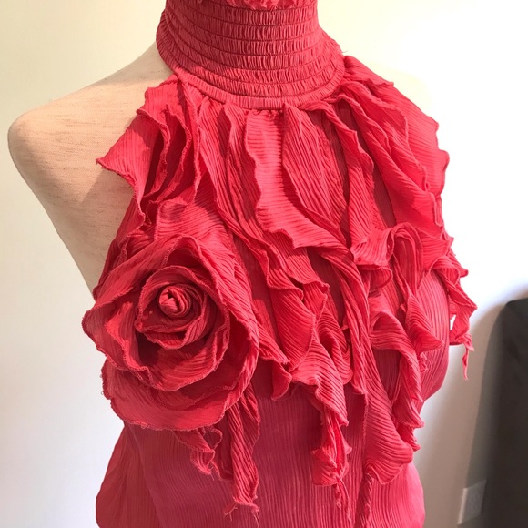 Fun Pink Ruffle Bebe High Neck Halter Top - XS - Picture 2 of 7